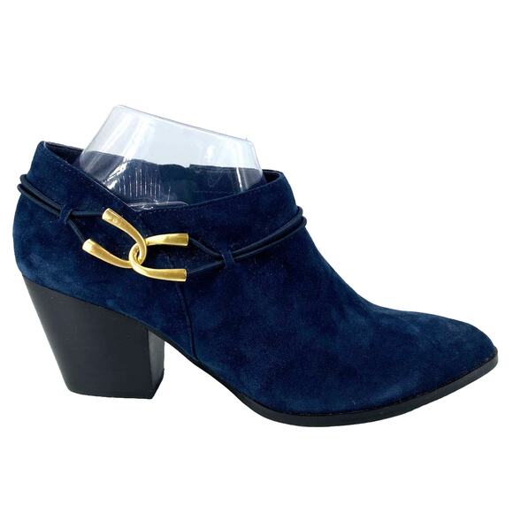 Blue Suede Bootie 8.5 M BELLA VITA Gold Accent Heel Ankle Boot Shootie Western - Picture 1 of 16
